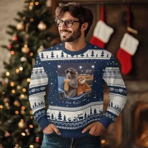 Funny Punch Monkey Baseball Ugly Christmas Sweater I Live Here Now Ballpark Graphic TS14 Navy Beige Print Your Wear