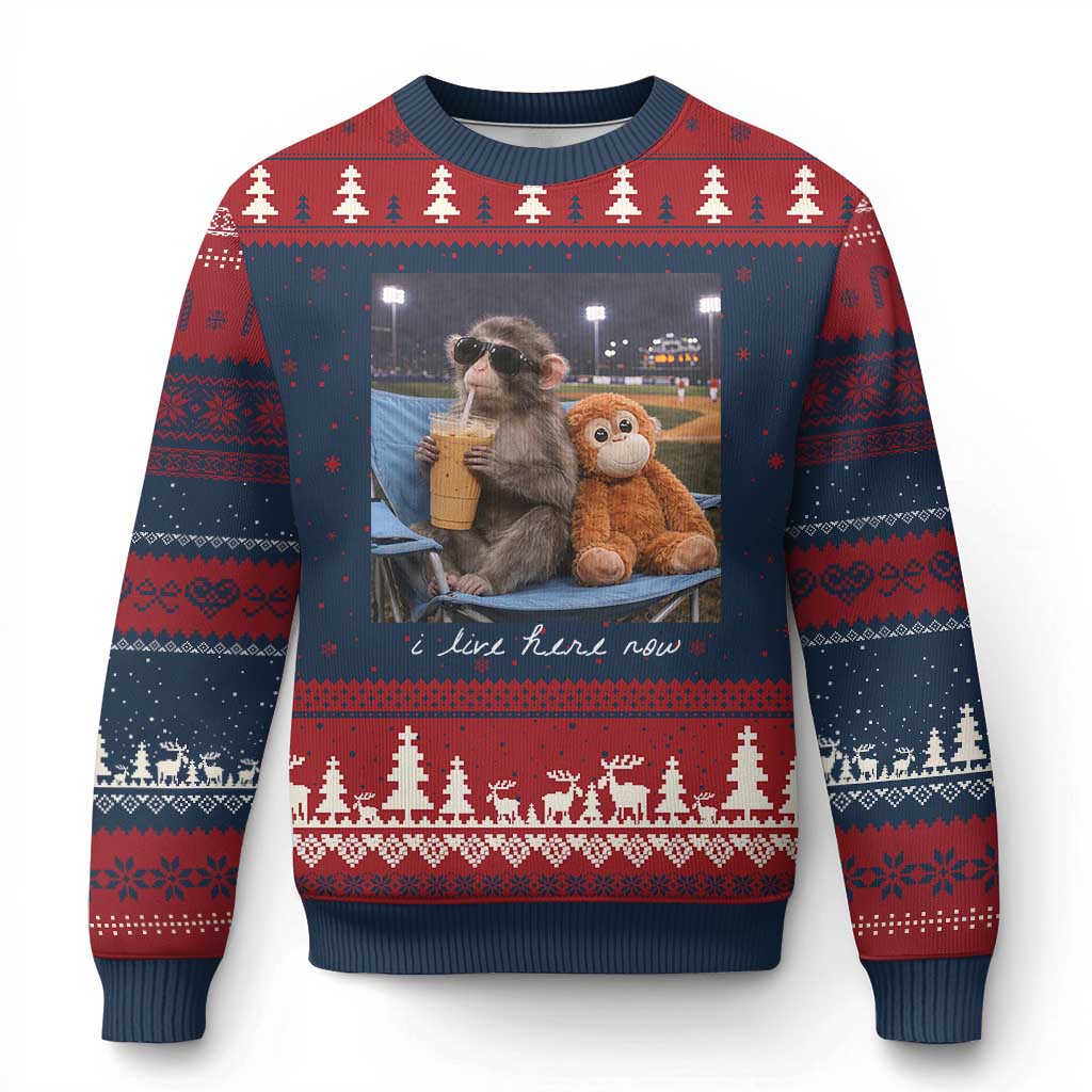 Funny Punch Monkey Baseball Ugly Christmas Sweater I Live Here Now Ballpark Graphic TS14 Navy Red Print Your Wear