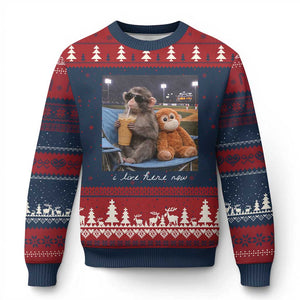 Funny Punch Monkey Baseball Ugly Christmas Sweater I Live Here Now Ballpark Graphic TS14 Navy Red Print Your Wear
