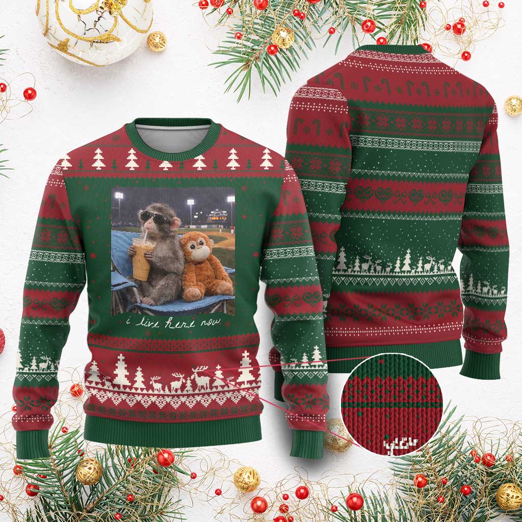 Funny Punch Monkey Baseball Ugly Christmas Sweater I Live Here Now Ballpark Graphic TS14 Red Green Print Your Wear