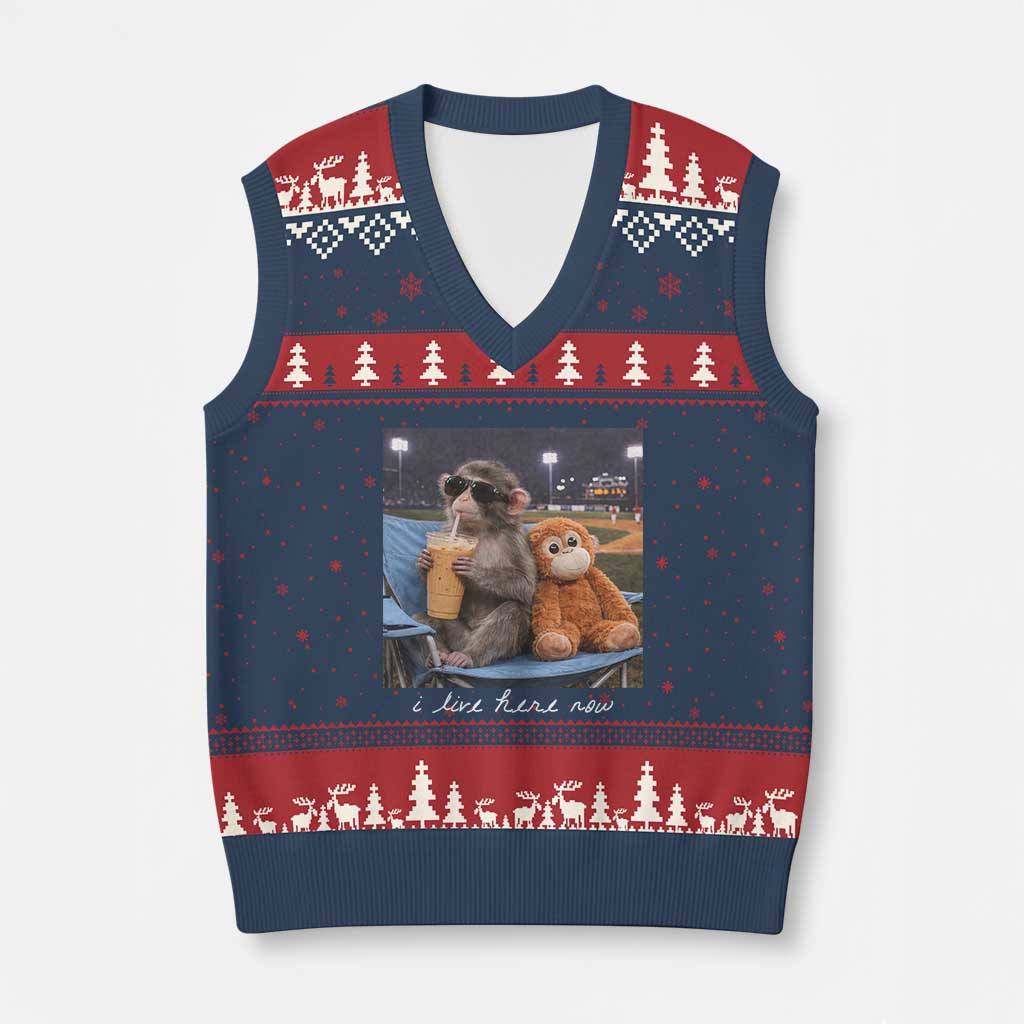 Funny Punch Monkey Baseball V-Neck Knit Sweater Vest I Live Here Now Ballpark Graphic TS14 Navy Red Print Your Wear