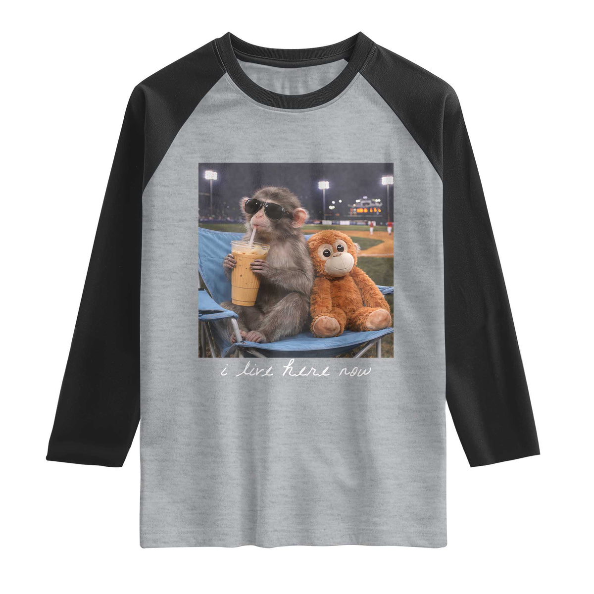 Funny Punch Monkey Baseball Raglan Shirt I Live Here Now Ballpark Graphic TS14 Heather Gray Black Print Your Wear