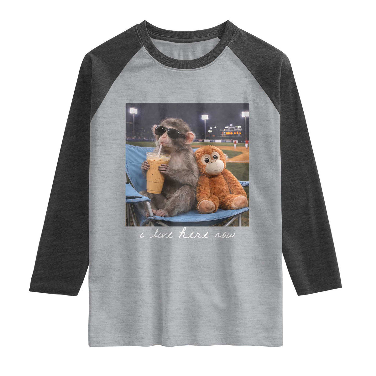 Funny Punch Monkey Baseball Raglan Shirt I Live Here Now Ballpark Graphic TS14 Heather Gray Heather Charcoal Print Your Wear
