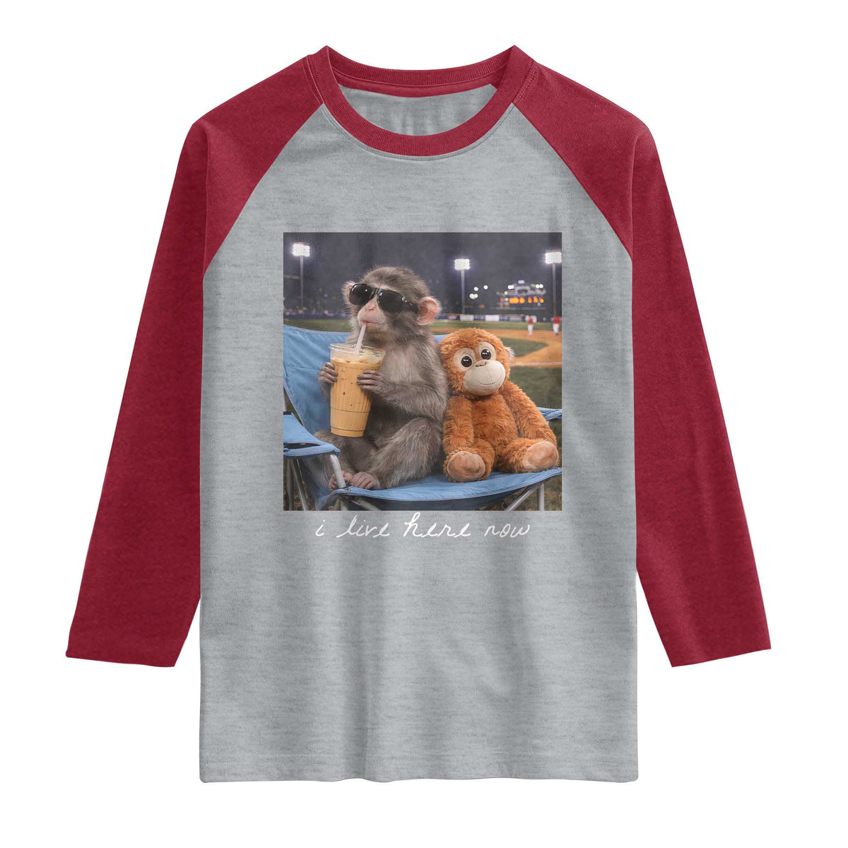 Funny Punch Monkey Baseball Raglan Shirt I Live Here Now Ballpark Graphic TS14 Heather Gray Heather Red Print Your Wear