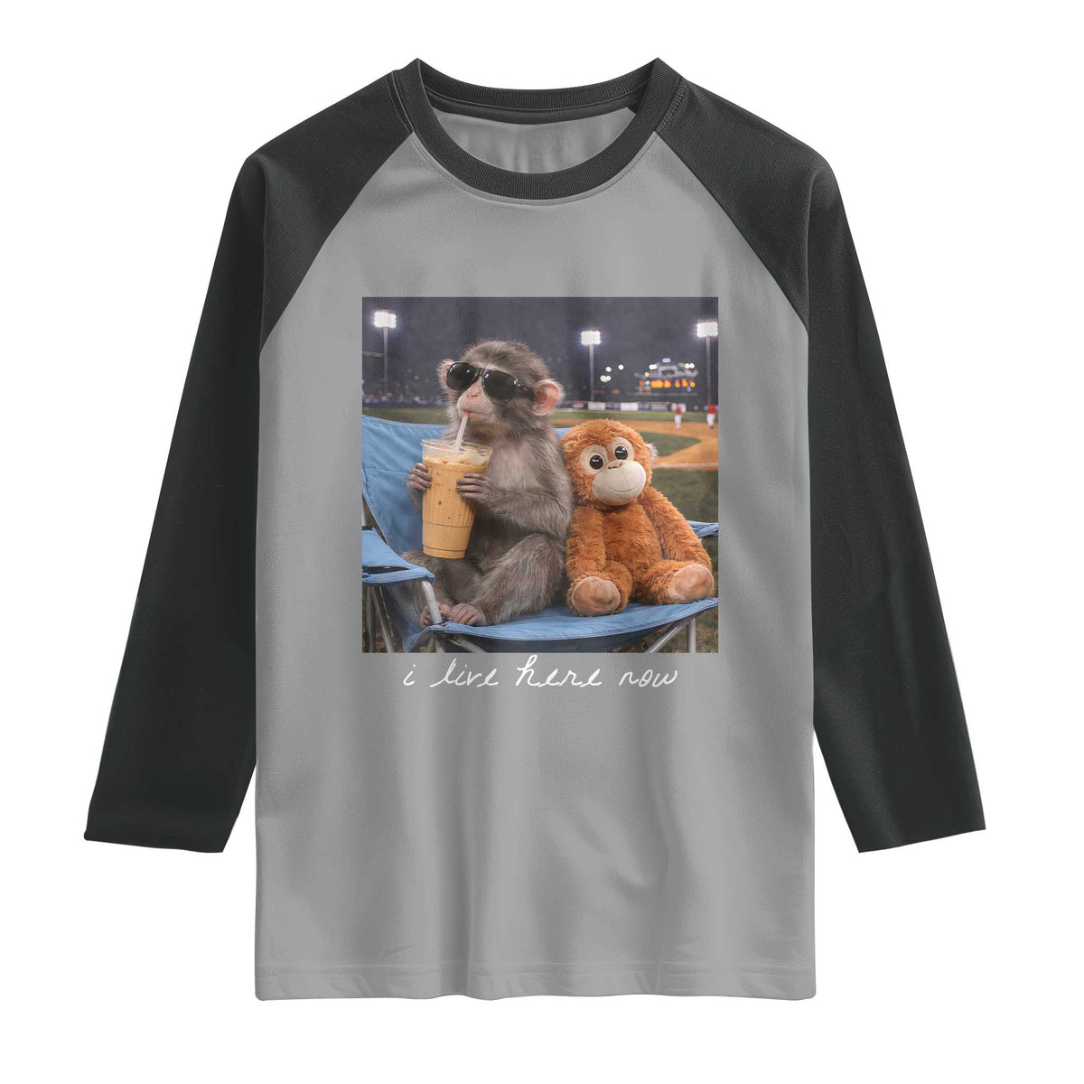 Funny Punch Monkey Baseball Raglan Shirt I Live Here Now Ballpark Graphic TS14 Sport Gray Black Print Your Wear