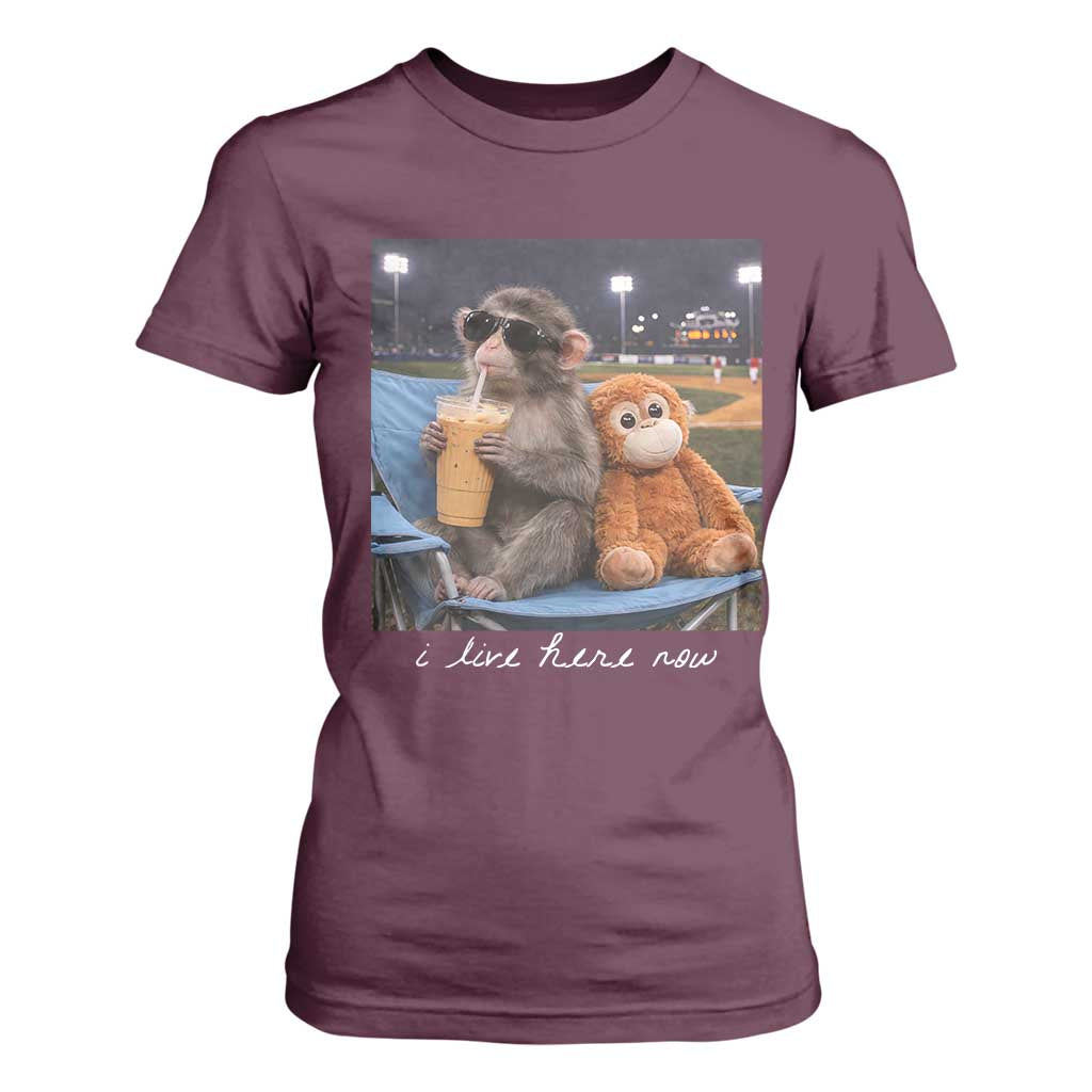 Funny Punch Monkey Baseball T Shirt For Women I Live Here Now Ballpark Graphic TS14 Maroon Print Your Wear