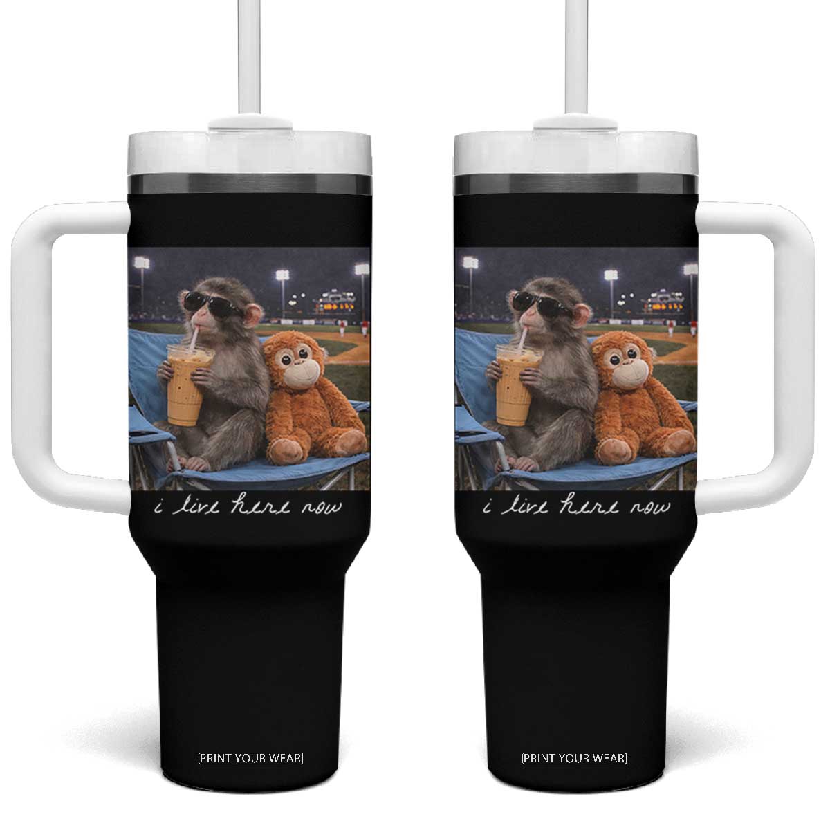 Funny Punch Monkey Baseball Tumbler With Handle I Live Here Now Ballpark Graphic TS14 One Size: 40 oz Black Print Your Wear