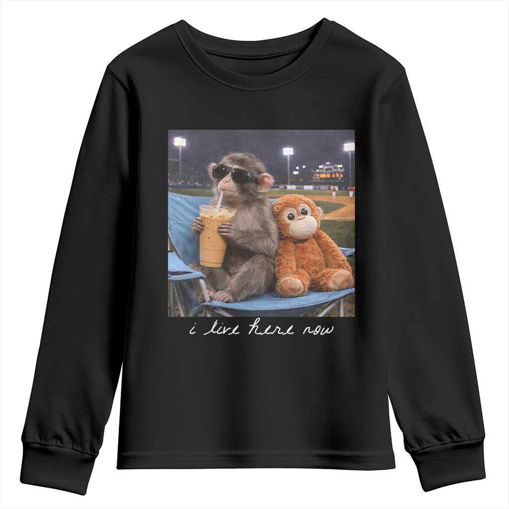 Funny Punch Monkey Baseball Youth Sweatshirt I Live Here Now Ballpark Graphic TS14 Black Print Your Wear