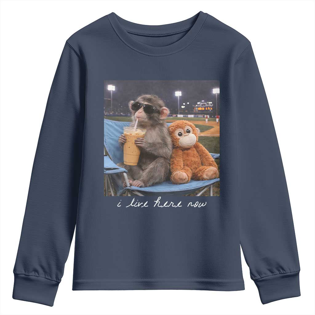 Funny Punch Monkey Baseball Youth Sweatshirt I Live Here Now Ballpark Graphic TS14 Navy Print Your Wear