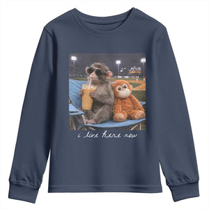 Funny Punch Monkey Baseball Youth Sweatshirt I Live Here Now Ballpark Graphic TS14 Navy Print Your Wear