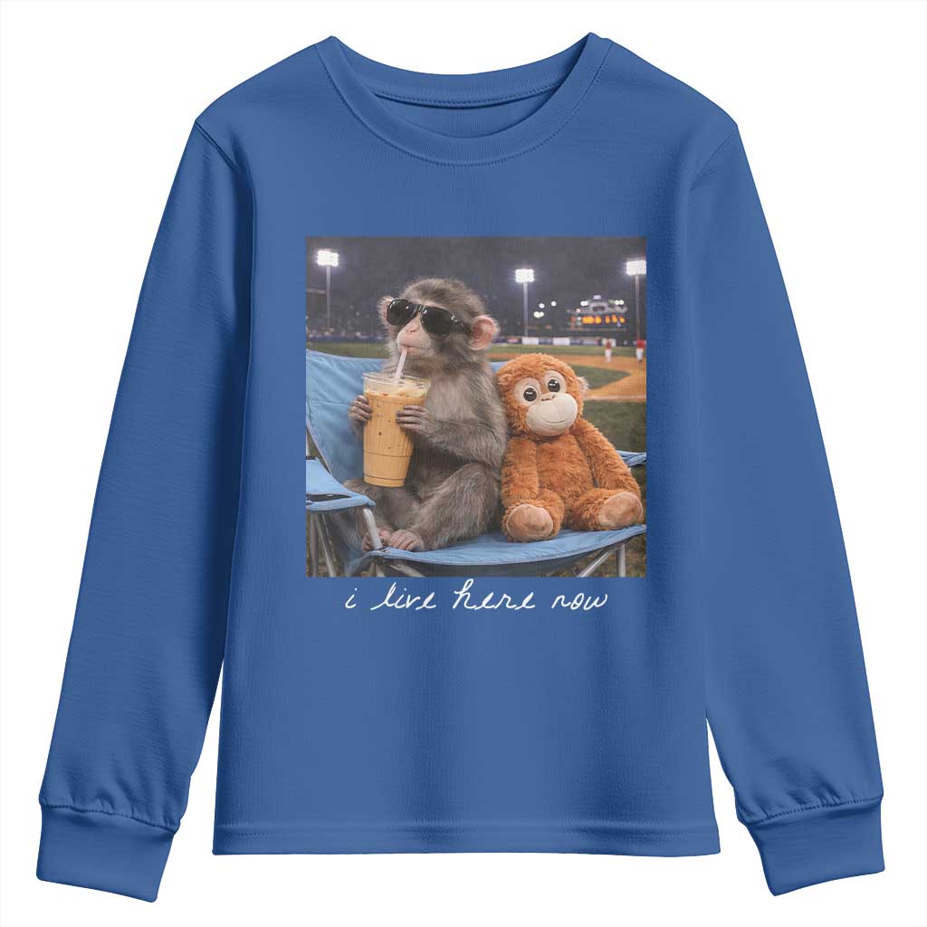 Funny Punch Monkey Baseball Youth Sweatshirt I Live Here Now Ballpark Graphic TS14 Royal Blue Print Your Wear