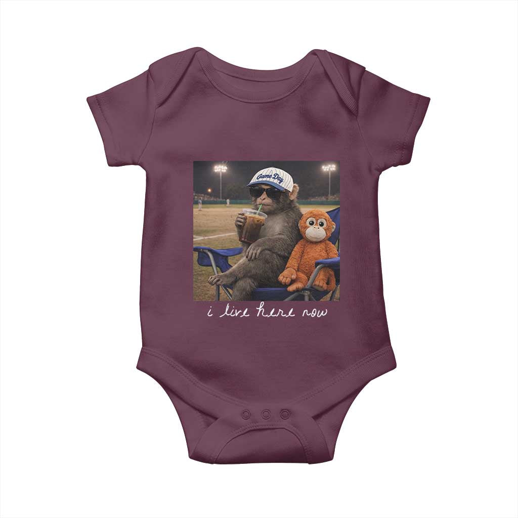 I Live Here Now Punch Monkey Baby Onesie Funny Drinking Iced Coffee Baseball Field TS14 Maroon Print Your Wear