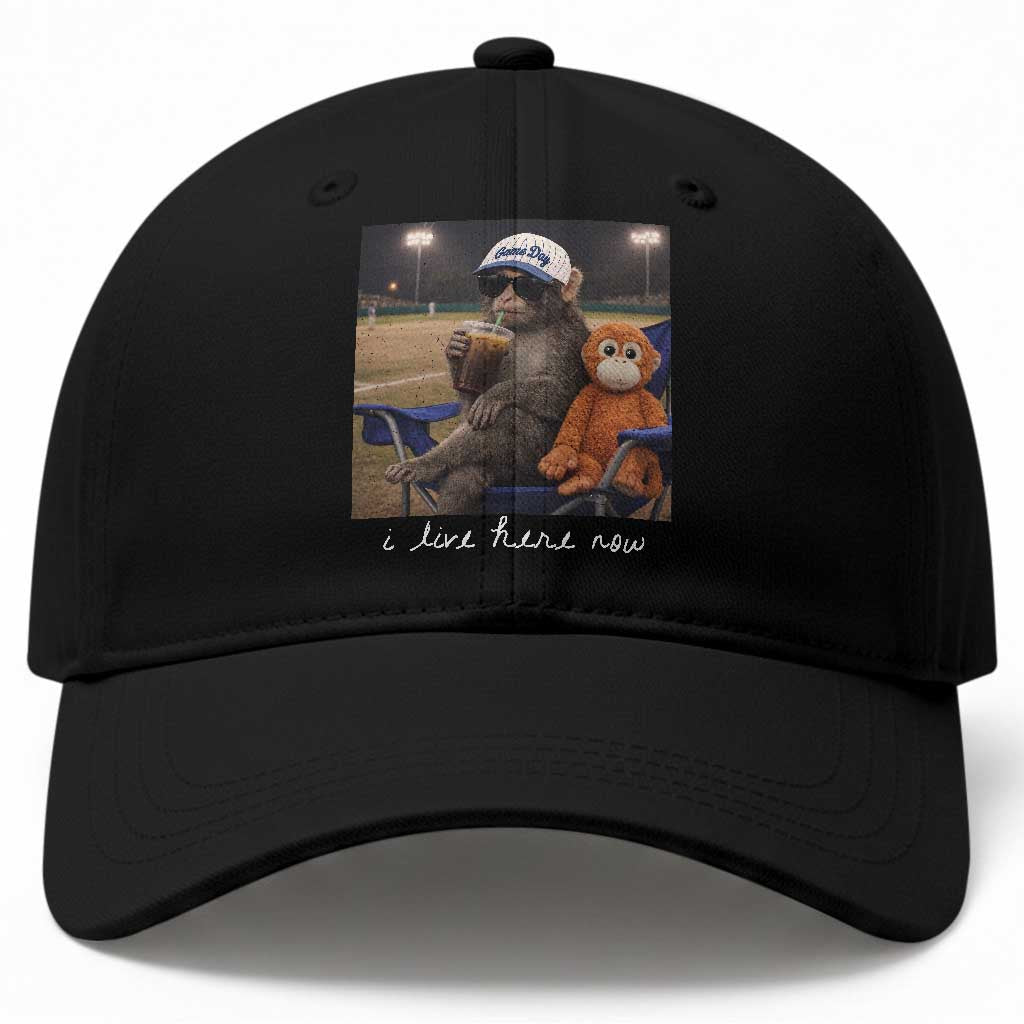 I Live Here Now Punch Monkey Baseball Cap Funny Drinking Iced Coffee Baseball Field TS14 Print Your Wear