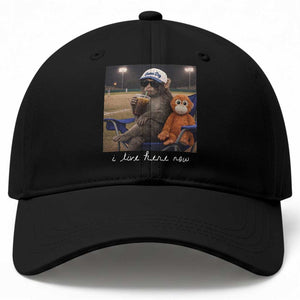 I Live Here Now Punch Monkey Baseball Cap Funny Drinking Iced Coffee Baseball Field TS14 Print Your Wear