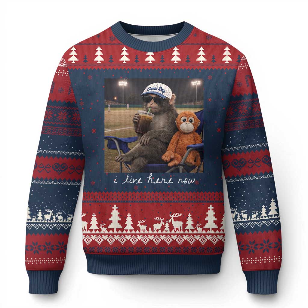 I Live Here Now Punch Monkey Ugly Christmas Sweater Funny Drinking Iced Coffee Baseball Field TS14 Navy Red Print Your Wear