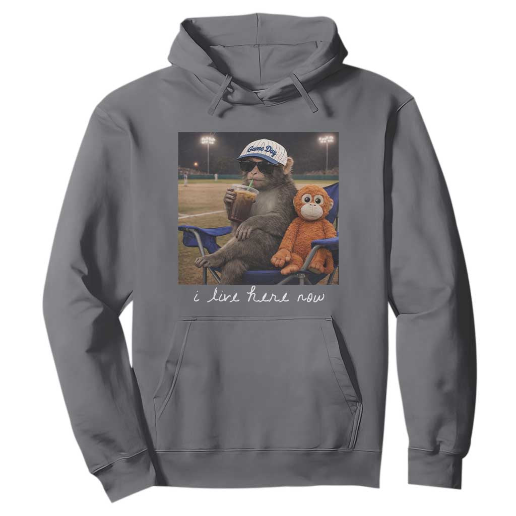 I Live Here Now Punch Monkey Hoodie Funny Drinking Iced Coffee Baseball Field TS14 Charcoal Print Your Wear