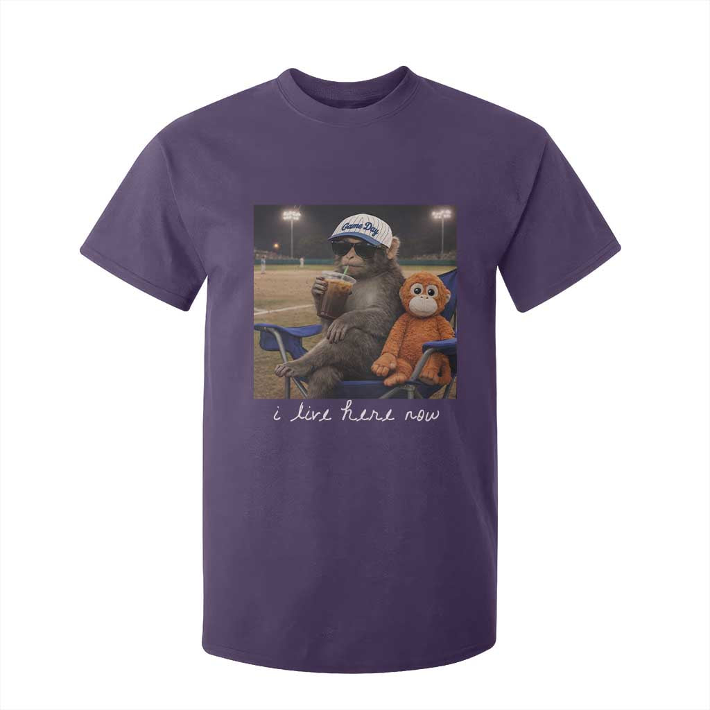 I Live Here Now Punch Monkey T Shirt For Kid Funny Drinking Iced Coffee Baseball Field TS14 Purple Print Your Wear