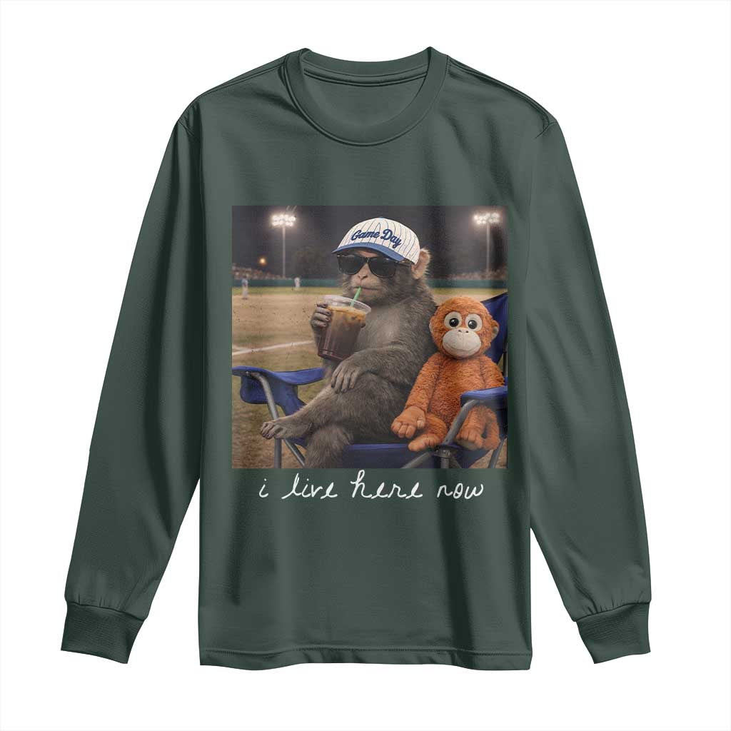 I Live Here Now Punch Monkey Long Sleeve Shirt Funny Drinking Iced Coffee Baseball Field TS14 Dark Forest Green Print Your Wear