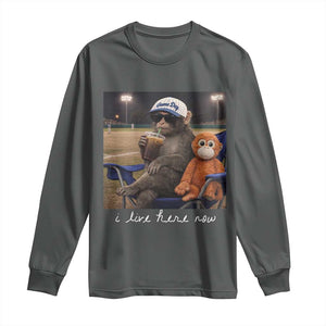 I Live Here Now Punch Monkey Long Sleeve Shirt Funny Drinking Iced Coffee Baseball Field TS14 Dark Heather Print Your Wear