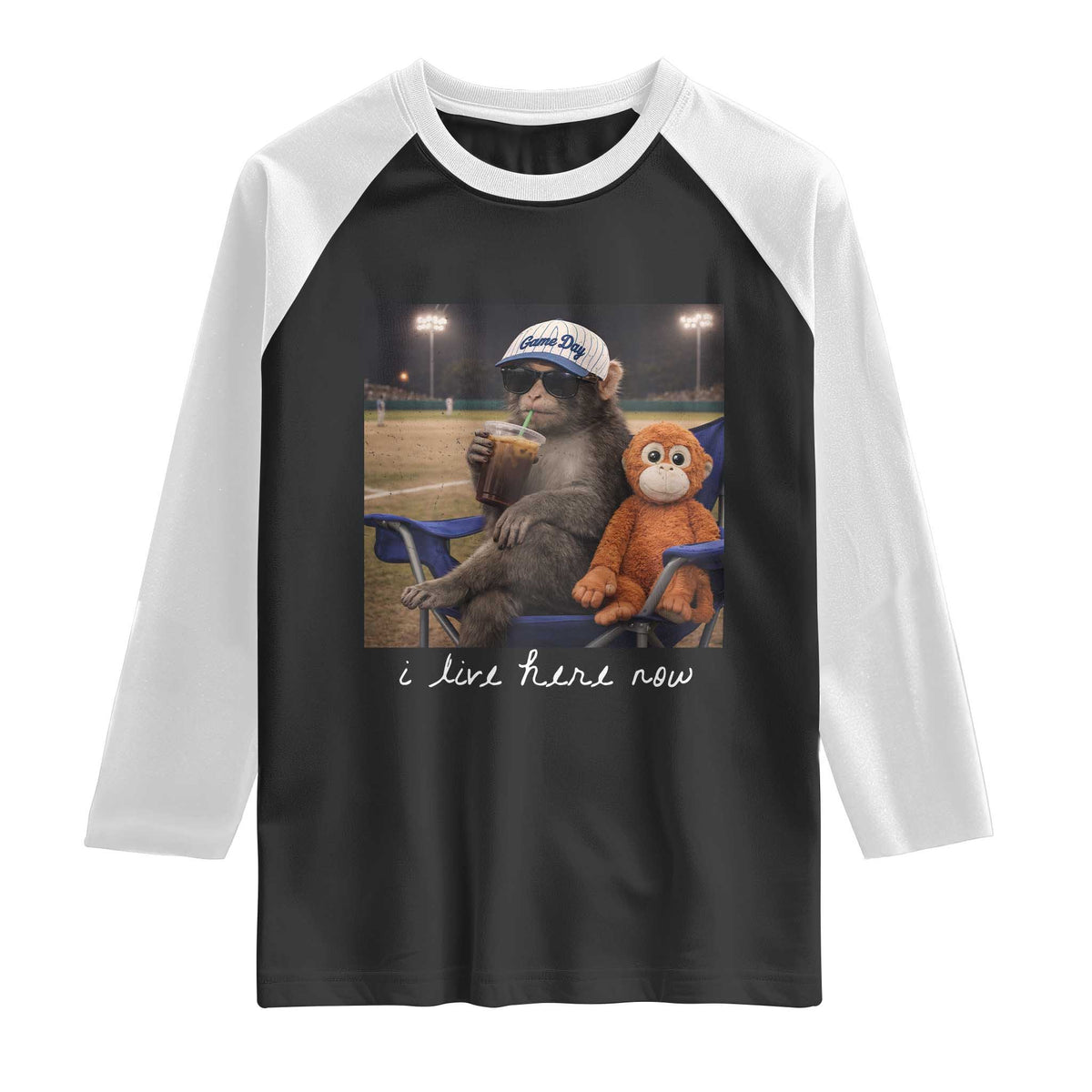I Live Here Now Punch Monkey Raglan Shirt Funny Drinking Iced Coffee Baseball Field TS14 Black White Print Your Wear
