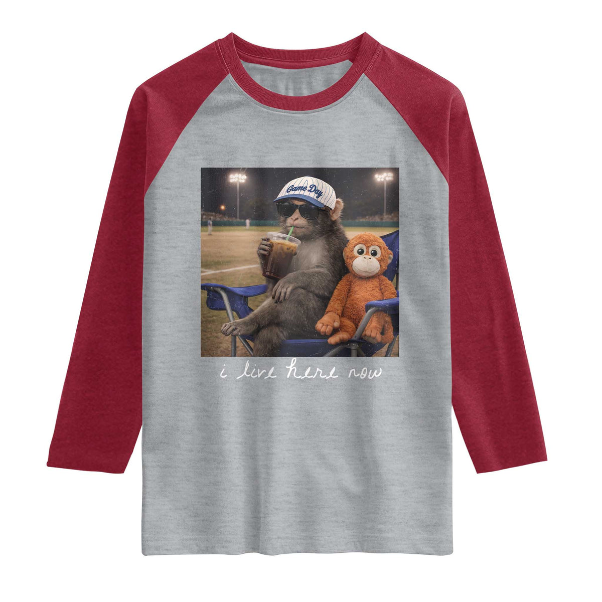 I Live Here Now Punch Monkey Raglan Shirt Funny Drinking Iced Coffee Baseball Field TS14 Heather Gray Heather Red Print Your Wear