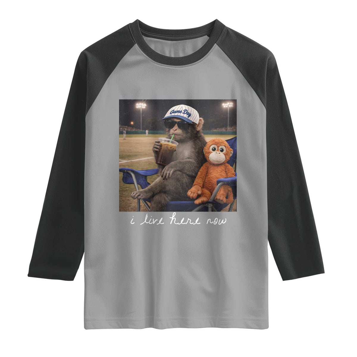 I Live Here Now Punch Monkey Raglan Shirt Funny Drinking Iced Coffee Baseball Field TS14 Sport Gray Black Print Your Wear