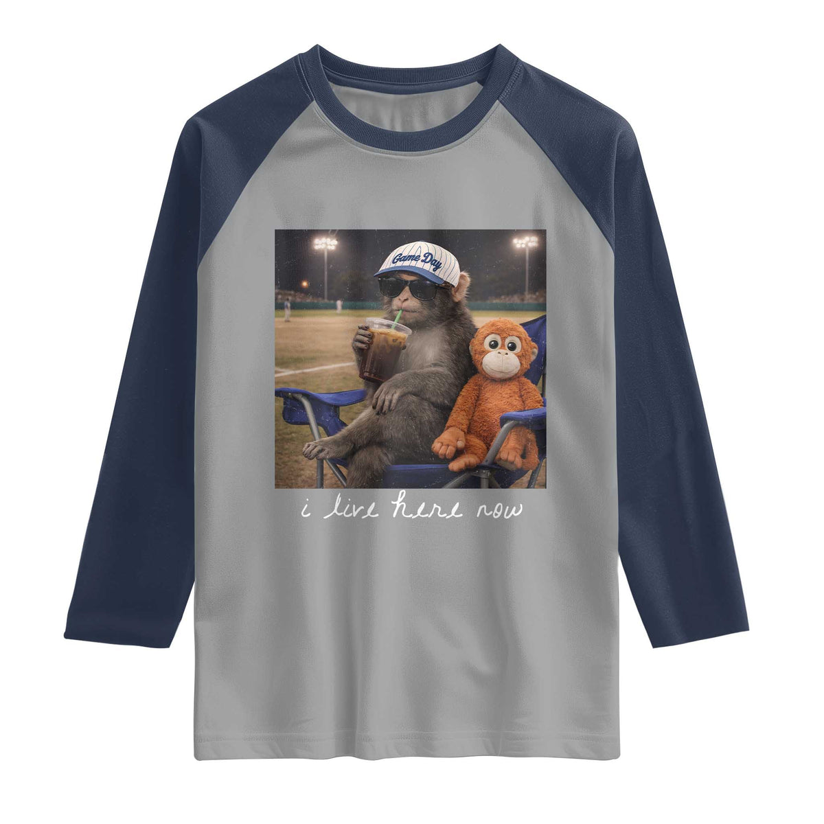 I Live Here Now Punch Monkey Raglan Shirt Funny Drinking Iced Coffee Baseball Field TS14 Sport Gray Navy Print Your Wear