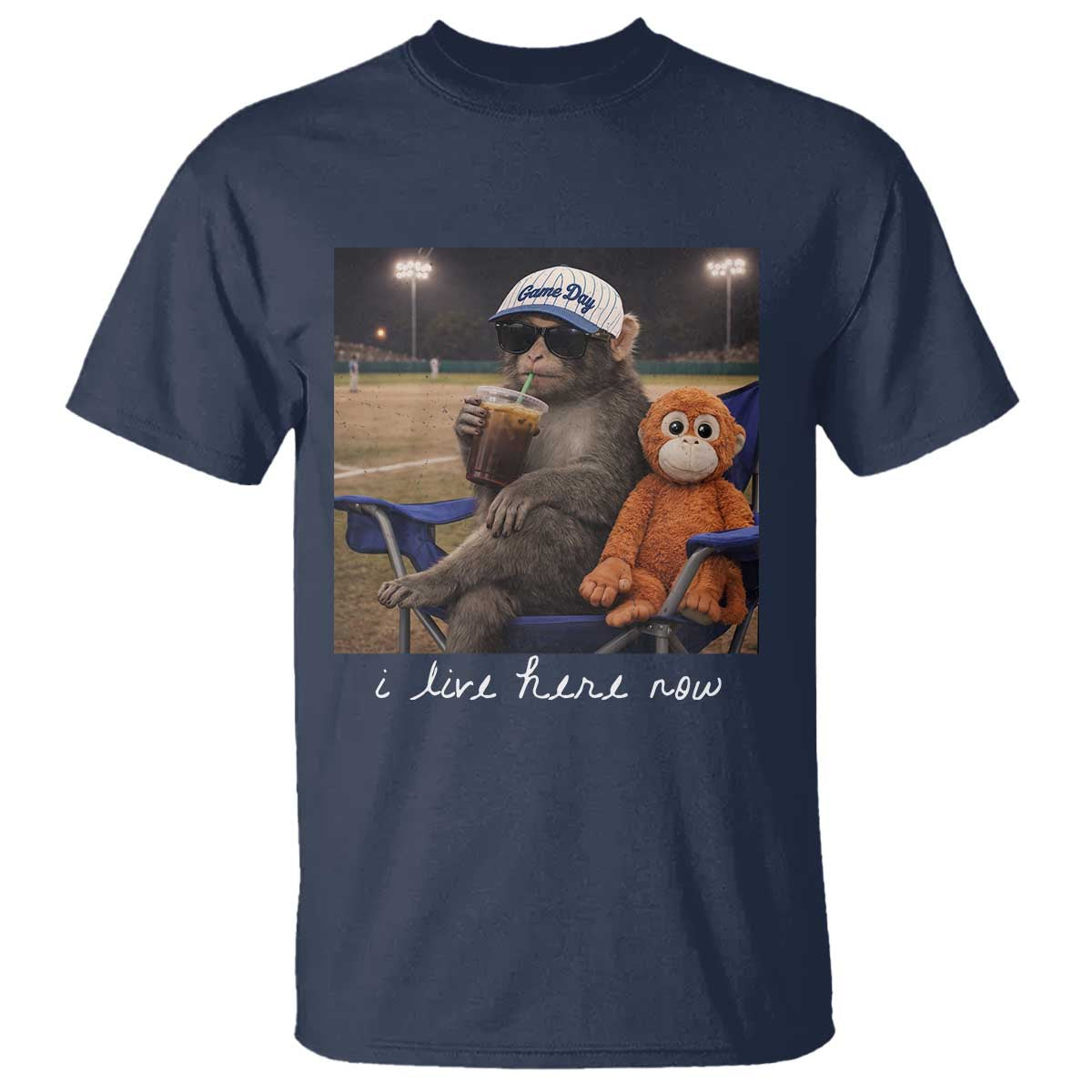 I Live Here Now Punch Monkey T Shirt Funny Drinking Iced Coffee Baseball Field TS14 Navy Print Your Wear