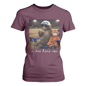 I Live Here Now Punch Monkey T Shirt For Women Funny Drinking Iced Coffee Baseball Field TS14 Maroon Print Your Wear