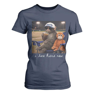 I Live Here Now Punch Monkey T Shirt For Women Funny Drinking Iced Coffee Baseball Field TS14 Navy Print Your Wear