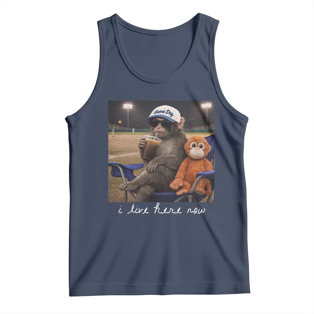 I Live Here Now Punch Monkey Tank Top Funny Drinking Iced Coffee Baseball Field TS14 Navy Print Your Wear