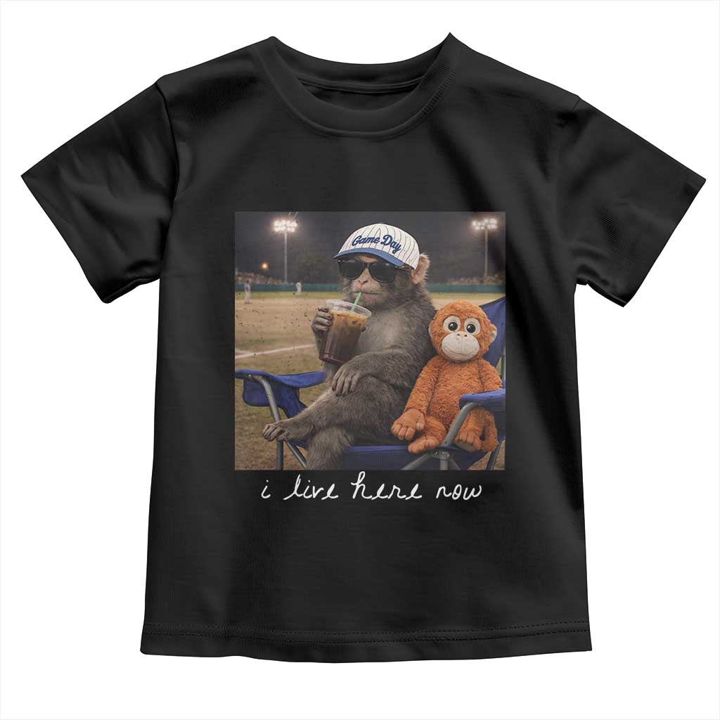 I Live Here Now Punch Monkey Toddler T Shirt Funny Drinking Iced Coffee Baseball Field TS14 Black Print Your Wear