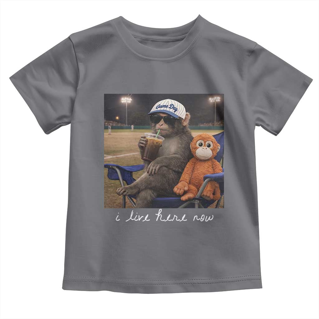 I Live Here Now Punch Monkey Toddler T Shirt Funny Drinking Iced Coffee Baseball Field TS14 Charcoal Print Your Wear