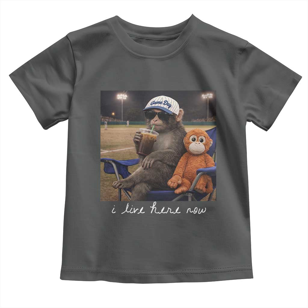 I Live Here Now Punch Monkey Toddler T Shirt Funny Drinking Iced Coffee Baseball Field TS14 Dark Heather Print Your Wear