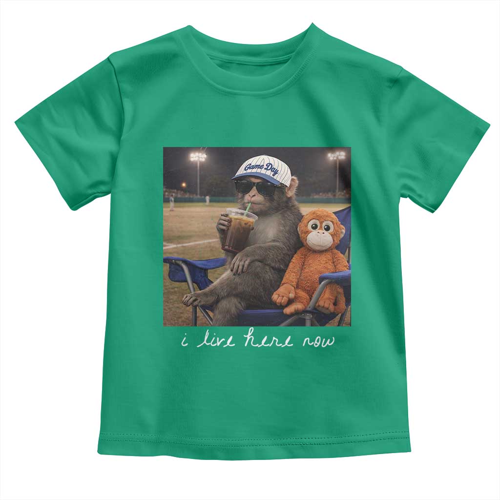 I Live Here Now Punch Monkey Toddler T Shirt Funny Drinking Iced Coffee Baseball Field TS14 Irish Green Print Your Wear