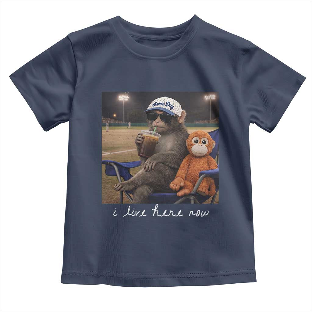 I Live Here Now Punch Monkey Toddler T Shirt Funny Drinking Iced Coffee Baseball Field TS14 Navy Print Your Wear