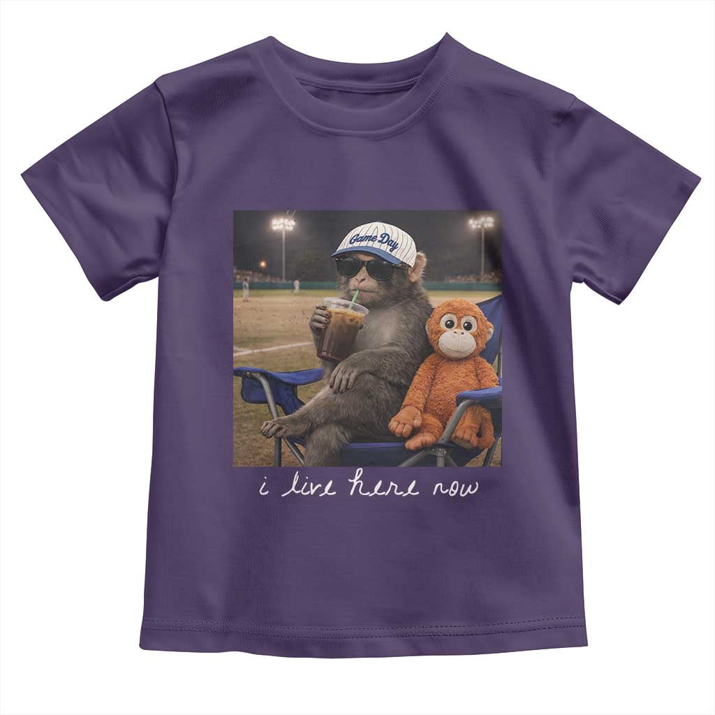 I Live Here Now Punch Monkey Toddler T Shirt Funny Drinking Iced Coffee Baseball Field TS14 Purple Print Your Wear