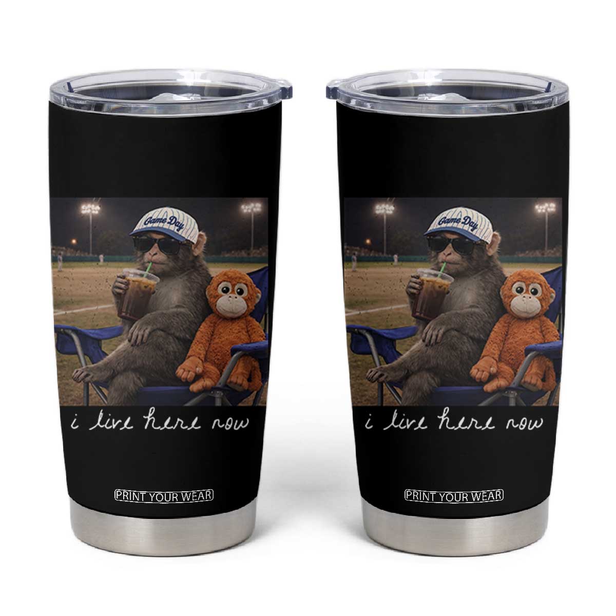 I Live Here Now Punch Monkey Tumbler Cup Funny Drinking Iced Coffee Baseball Field TS14 Black Print Your Wear