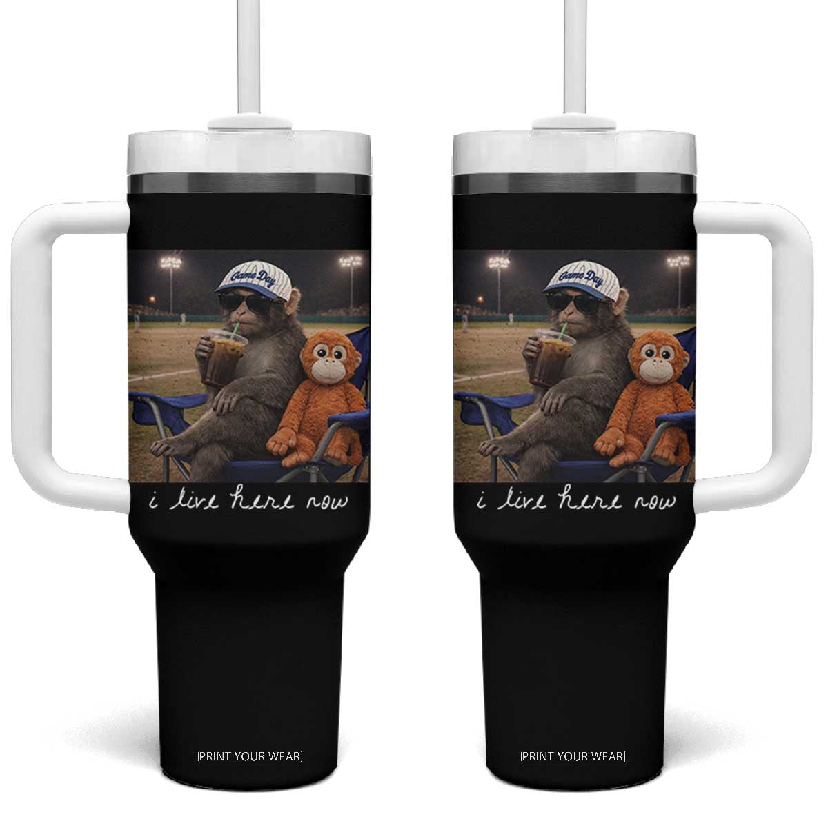 I Live Here Now Punch Monkey Tumbler With Handle Funny Drinking Iced Coffee Baseball Field TS14 One Size: 40 oz Black Print Your Wear