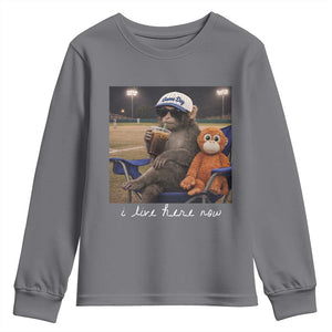I Live Here Now Punch Monkey Youth Sweatshirt Funny Drinking Iced Coffee Baseball Field TS14 Charcoal Print Your Wear