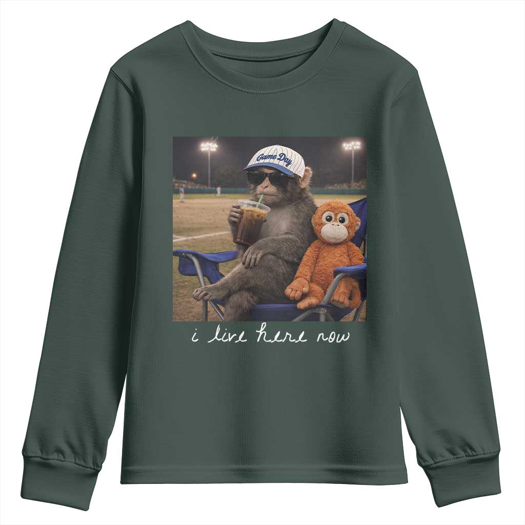 I Live Here Now Punch Monkey Youth Sweatshirt Funny Drinking Iced Coffee Baseball Field TS14 Dark Forest Green Print Your Wear