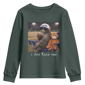 I Live Here Now Punch Monkey Youth Sweatshirt Funny Drinking Iced Coffee Baseball Field TS14 Dark Forest Green Print Your Wear