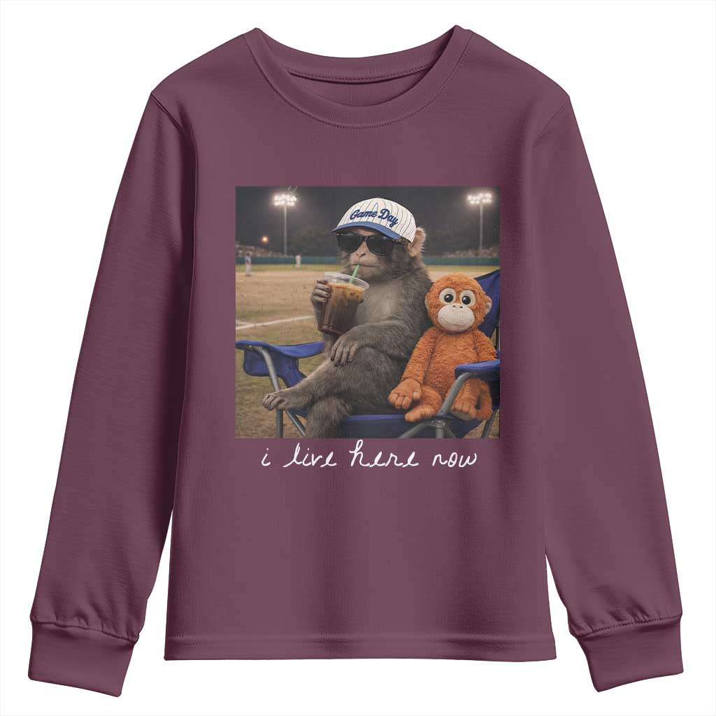 I Live Here Now Punch Monkey Youth Sweatshirt Funny Drinking Iced Coffee Baseball Field TS14 Maroon Print Your Wear