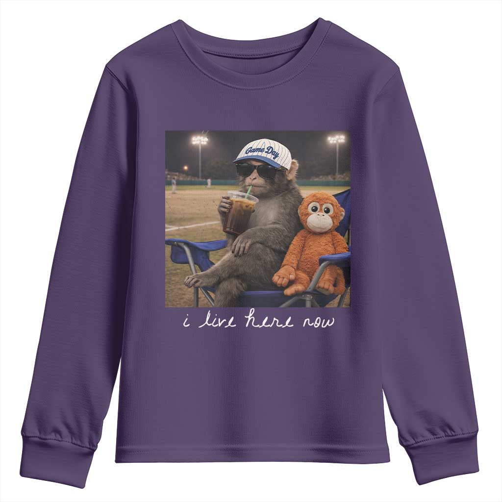 I Live Here Now Punch Monkey Youth Sweatshirt Funny Drinking Iced Coffee Baseball Field TS14 Purple Print Your Wear