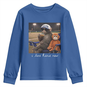 I Live Here Now Punch Monkey Youth Sweatshirt Funny Drinking Iced Coffee Baseball Field TS14 Royal Blue Print Your Wear