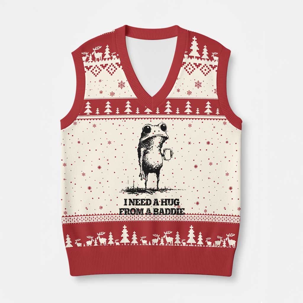 I Need A Hug from A Baddie V-Neck Knit Sweater Vest Funny Frog Saying Quote TS14 Beige Red Print Your Wear