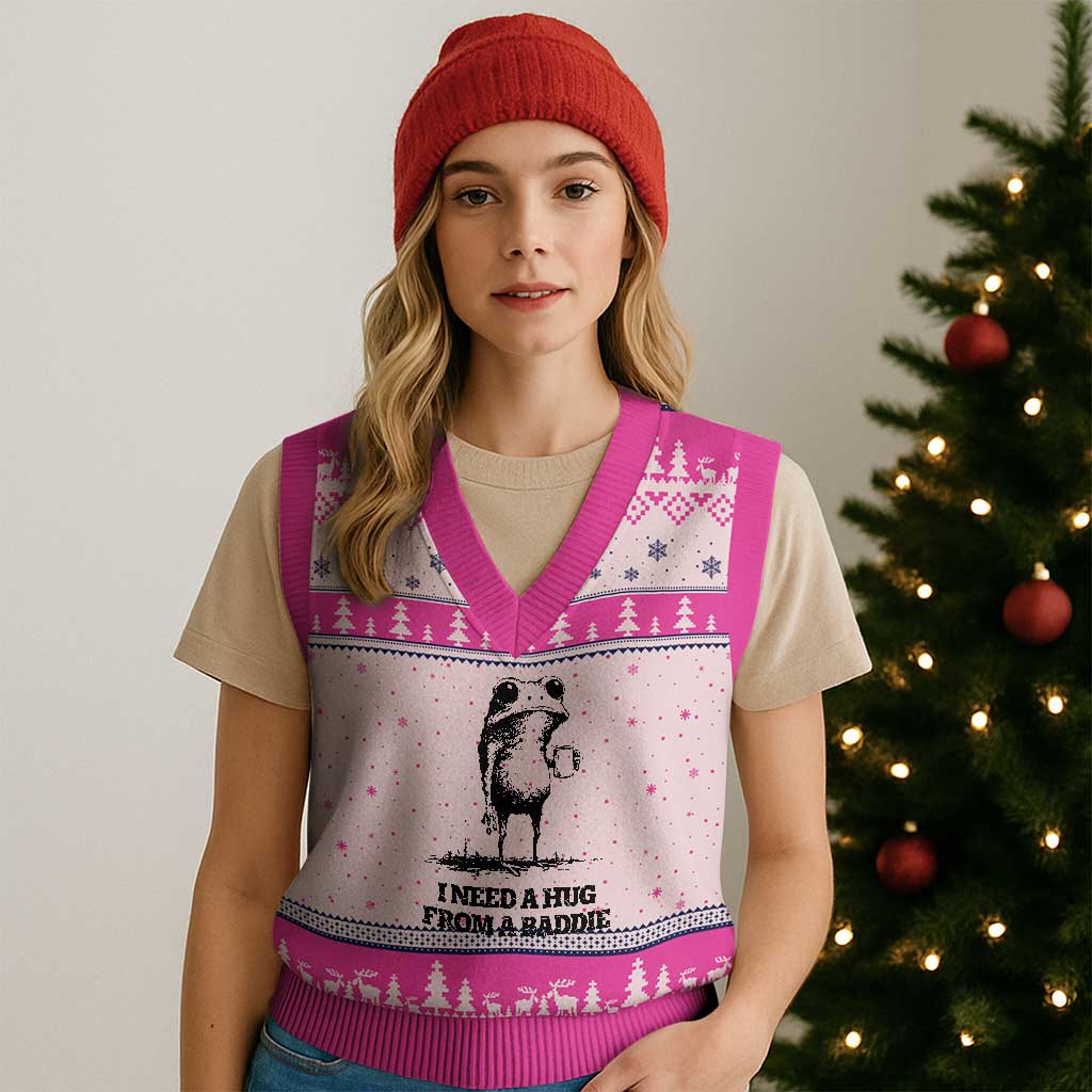 I Need A Hug from A Baddie V-Neck Knit Sweater Vest Funny Frog Saying Quote TS14 Hot Pink Print Your Wear