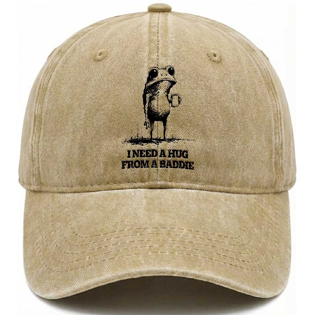 I Need A Hug from A Baddie Washed Cotton Baseball Cap Funny Frog Saying Quote TS14 Print Your Wear