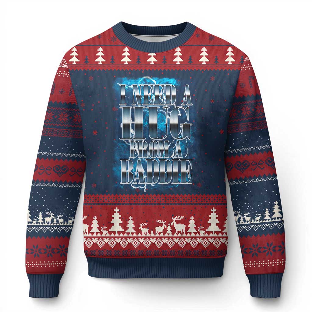 I Need A Hug from A Baddie Ugly Christmas Sweater Funny Flirty Meme TS14 Navy Red Print Your Wear