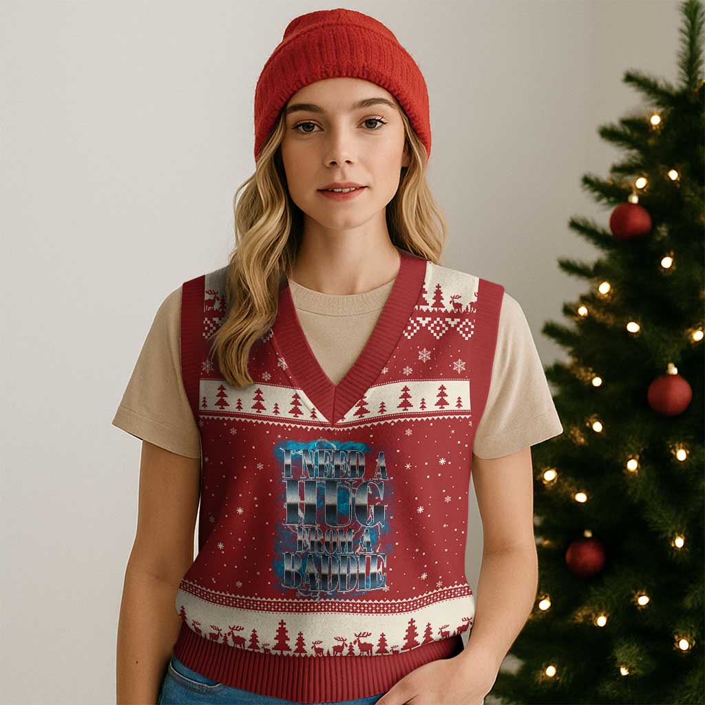 I Need A Hug from A Baddie V-Neck Knit Sweater Vest Funny Flirty Meme TS14 Red Beige Print Your Wear